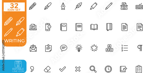 Editable line Vector illustration icon set. Containing write, pen, note, pencil, edit, writer, document, text and more. Editable stroke. Vector illustration on transparent background.