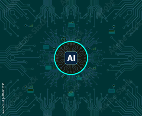 AI Chip with Thin Circuit Lines on Monochrome Blue Technology Background, Futuristic Semiconductor and Digital Computing Concept