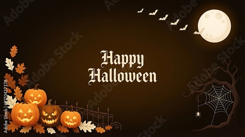 Happy halloween greeting card design with carved jack o lanterns and a full moon in the dark night sky