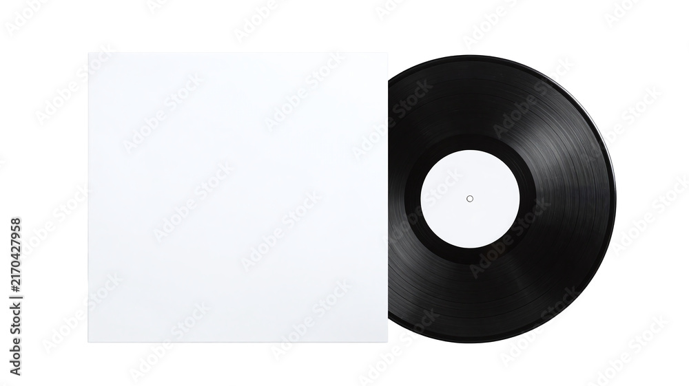 Fototapeta premium Blank white vinyl record album cover mockup with a black LP disc isolated on a transparent background