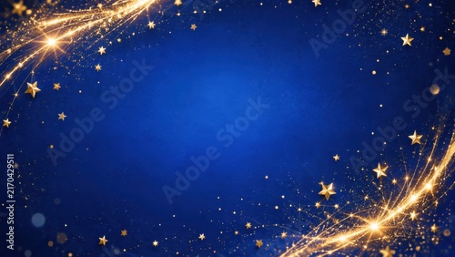 Golden stars and light trails on blue background