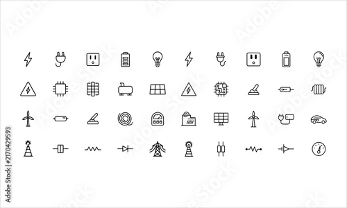Set outline icons related to electricity. Linear icon collection. Editable stroke. Vector illustration
