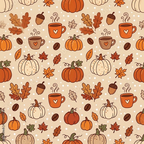 Cute autumn seamless pattern with pumpkins, leaves, acorns and coffee cups on beige background, cozy fall illustration for fabric, wrapping paper, wallpaper, textile and seasonal designs.
