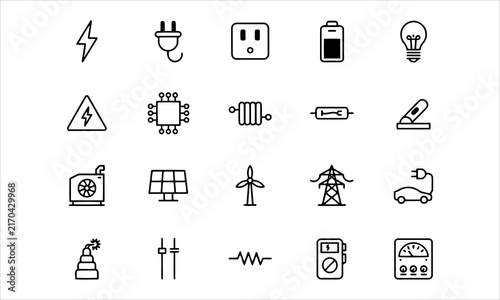 Set outline icons related to electricity. Linear icon collection. Editable stroke. Vector illustration