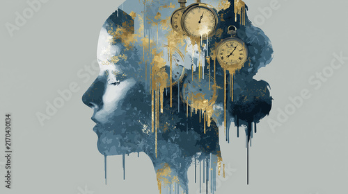 Abstract illustration of time represented as melting clocks inside a human silhouette
