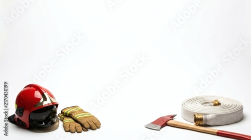 Firefighter equipment on white background with helmet, gloves, axe, and hose