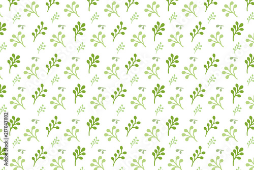Seamless branches pattern with small leaves on white background
