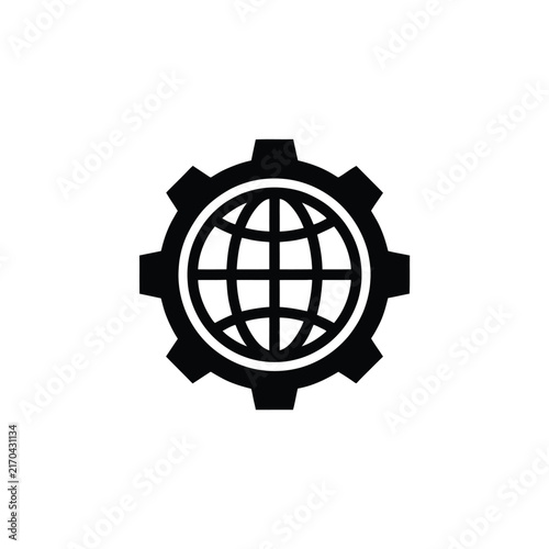 Globe within a gear icon black silhouette on a white background