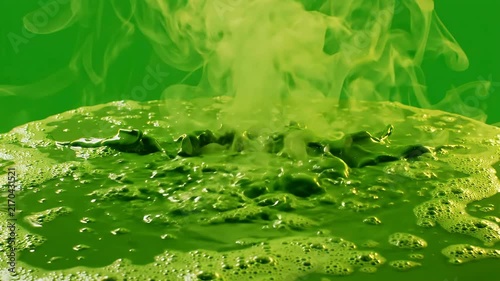 Boiling Green Toxic Liquid with Rising Steam on Green Screen