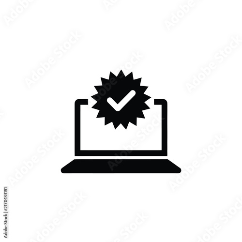 Laptop with star and checkmark icon solid silhouette style