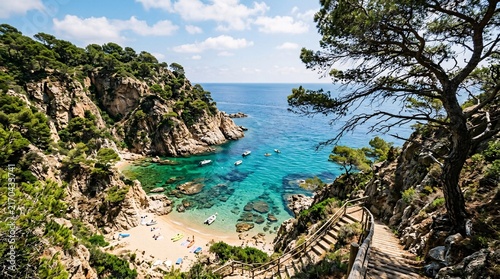 High angle view of a picturesque Mediterranean bay featuring turquoise waters, a sandy beach, boats, rocky shores, and a stone walkway.
