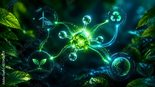 Glowing Bio Energy Molecule Spreading Light Streams To Eco Technology Nodes In Forest