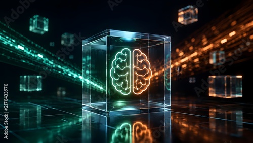 Glowing AI Brain In Transparent Glass Cube With Multi Color Data Streams In Dark