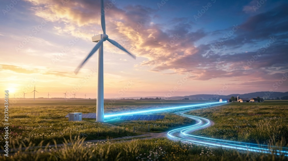 Obraz premium Smart eco friendly energy concept with spinning wind mill and bright blue light beam path across field in sunrise