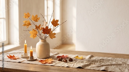 Cozy autumn bedroom interior with soft blanket, vase with dried leaves and candles on bedside table, warm sunlight through window, peaceful seasonal home decor and relaxing hygge atmosphere.