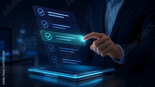 Businessman Checking Virtual Task Items On Futuristic Floating Hologram Screen