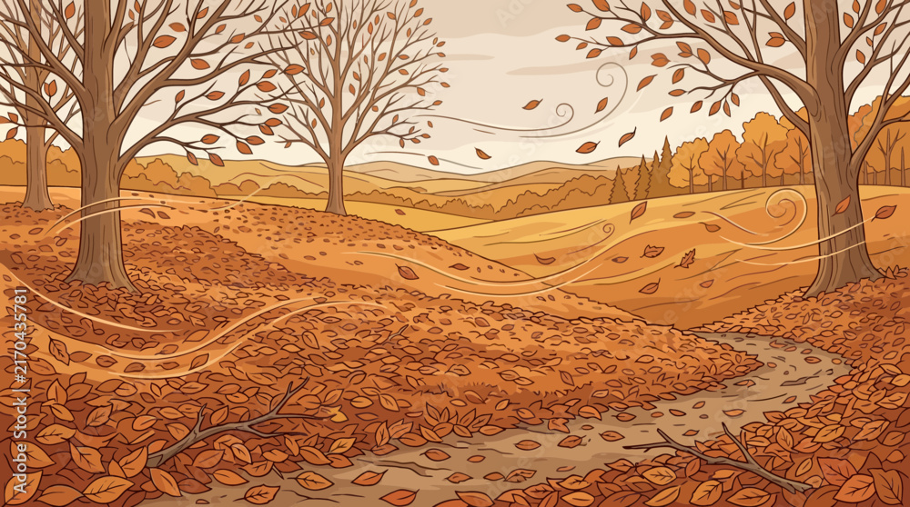 Fototapeta premium Autumn landscape with fallen leaves, trees, path, and wind blowing leaves, warm orange and brown tones, illustrative style.