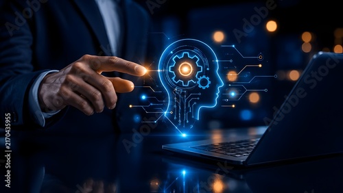 Businessman Interacting With Futuristic AI Cognitive Head Profile Interface