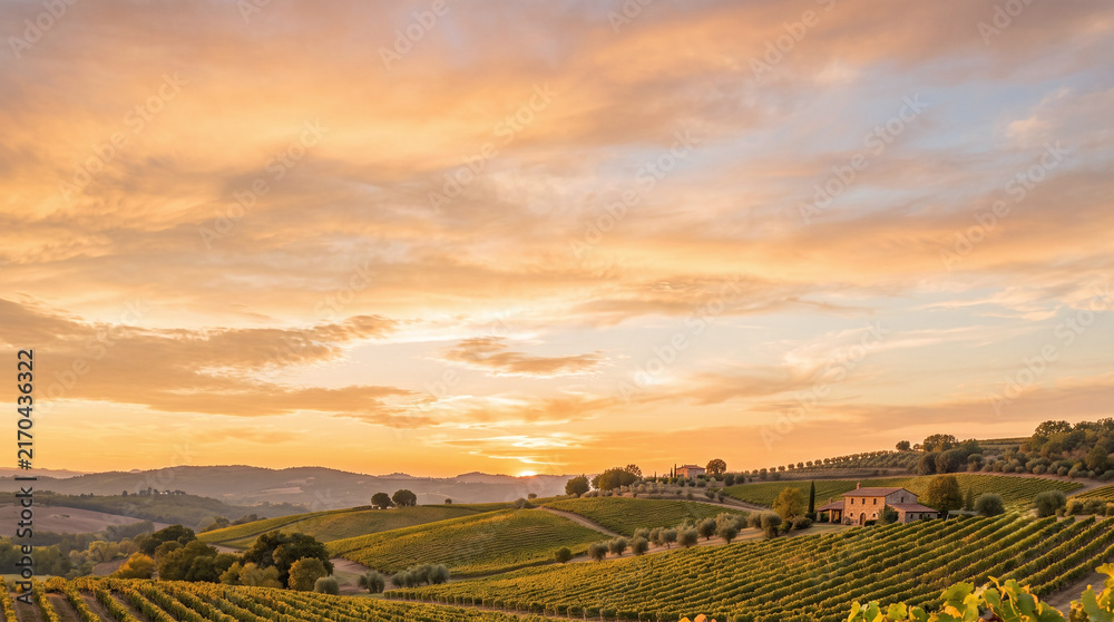 Obraz premium Rows of trellised grapes in a vineyard at sunset with a rustic farmhouse.