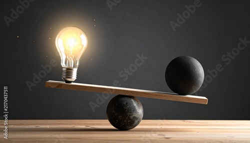 Conceptual image showing a glowing light bulb balanced against a dark sphere on a wooden seesaw representing balance between ideas and reality.