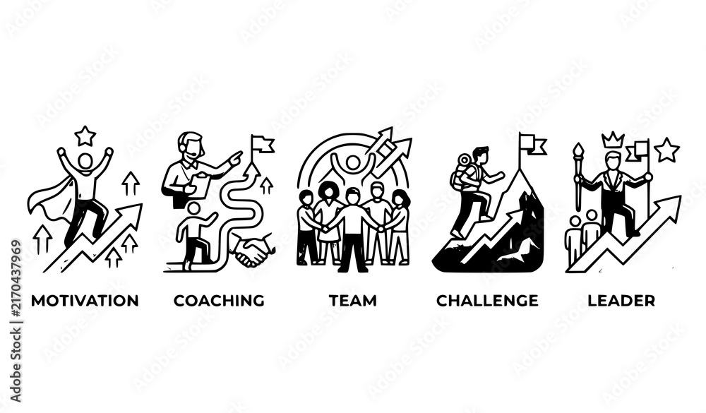 Fototapeta premium Motivation Coaching Team Challenge and Leader Icon Set with Business Success Concept Black Vector Illustration