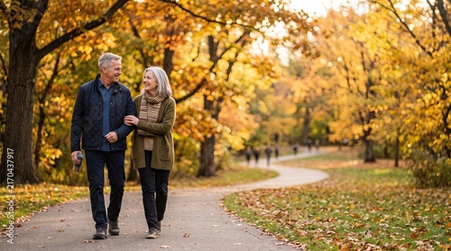 Senior couple walking together in autumn park, happy elderly people enjoying nature, outdoor lifestyle and peaceful fall day surrounded by golden trees