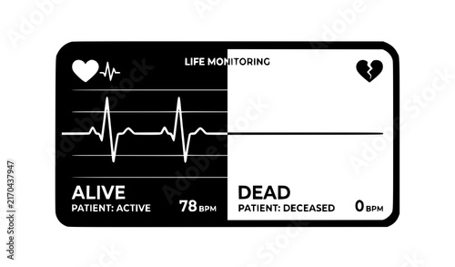 Life Monitoring Heartbeat Card with Alive and Dead Patient Status Pulse Rate Display Vector Illustration
