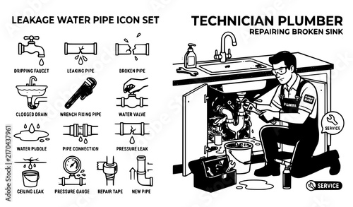 Leakage Water Pipe Icon Set with Technician Plumber Repairing Broken Sink Tools and Equipment Vector Illustration