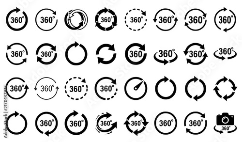 360 Degree View Icon Set with Rotation Arrow and Panorama Symbols Black and White Vector Illustration Collection