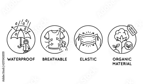 Fabric Property Icons Set with Waterproof Breathable Elastic and Organic Material Line Symbols for Clothing Labels Vector