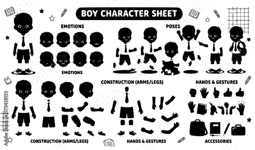 Boy Character Sheet with Emotions Poses Construction Arms Legs Hands Gestures and Accessories Silhouette Vector Illustration Set