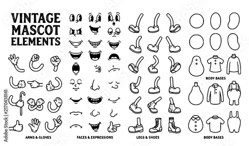 Vintage Mascot Character Elements Set with Arms Gloves Faces Expressions Legs Shoes and Body Base Vector Illustration