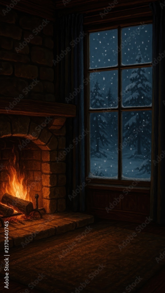 Naklejka premium Cozy winter fireplace scene