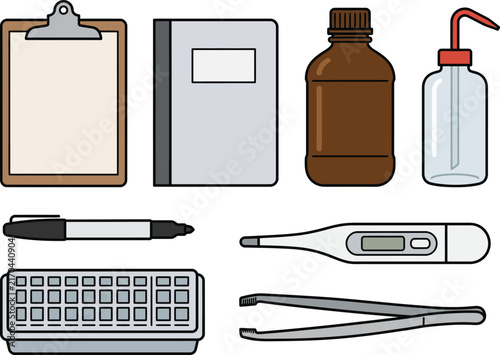 Medical and scientific equipment illustration with clipboard notebook and laboratory tools