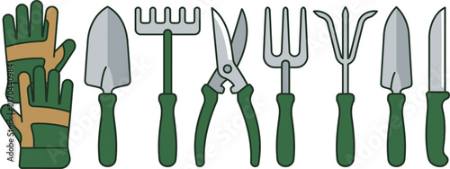 Gardening tools collection flat vector illustration with glove trowel snips fork cultivator and spade