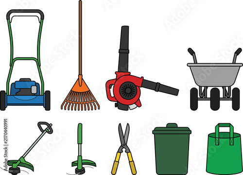 Set of colorful garden tools and equipment vector illustration on a white background