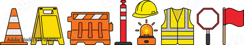 Construction Site Elements Illustration Vector Graphic With Traffic Cone And Road Work Signs