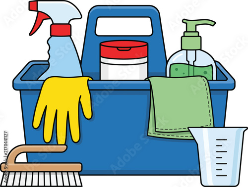 Cleaning supplies in a blue plastic tote bag with spray bottle and brush