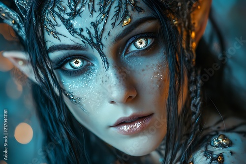 Fantasy Elf Woman with Blue Skin and Horns.