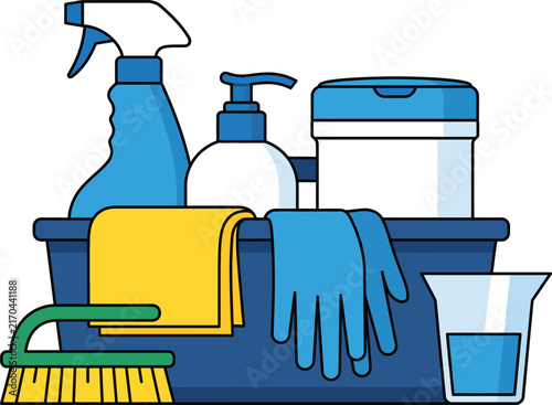 Cleaning supplies arrangement with spray bottles gloves and towel vector illustration