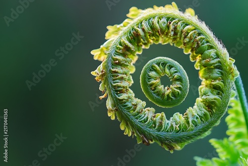 Fern frond unfurling in spiral, a close-up view of natures beauty.