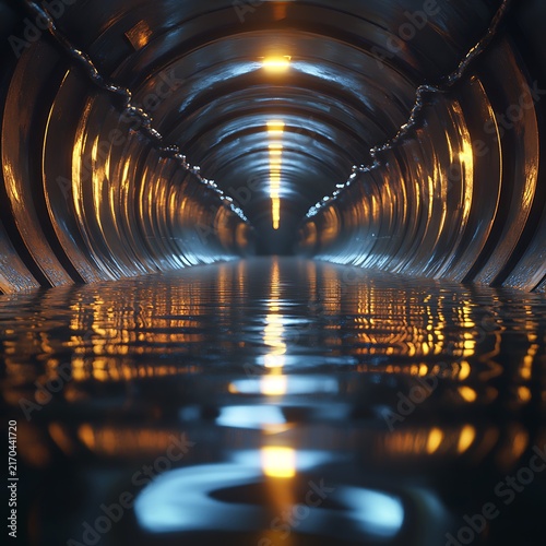 Futuristic Tunnel with Water Reflection and Glowing Lights.