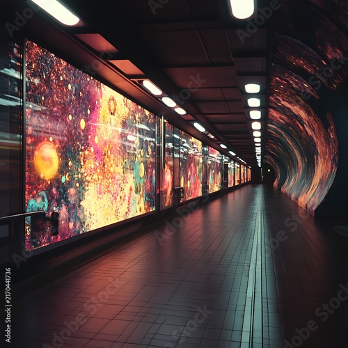 Futuristic Underground Tunnel with Illuminated Digital Art Displays.