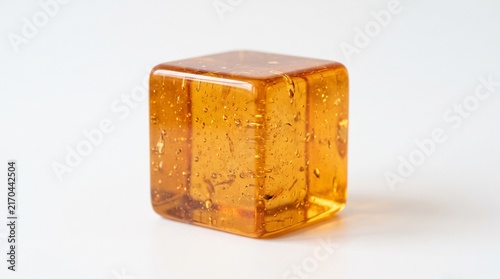 Translucent amber cube with air bubbles inside, glossy texture, warm hue, floating on white surface highlighting refraction and internal reflections.