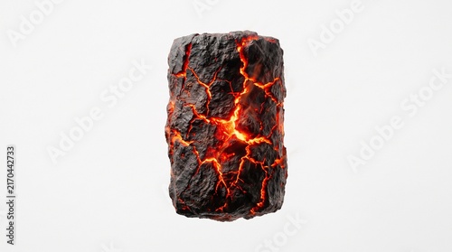 Dark rock with glowing red‑orange cracks, molten magma effect, floating on plain white background, vivid contrast of fiery interior and hardened surface.