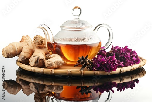 Ginger Tea Still Life with Flowers and Spices.