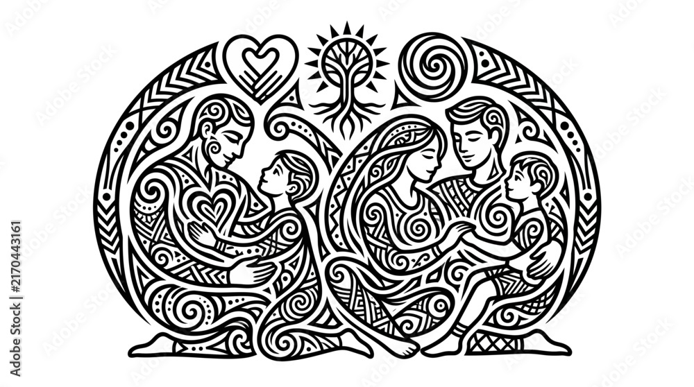 Fototapeta premium Celtic Family Tree Art Isolated Vector: Parents Hugging Children, Love, Unity, Nature Symbols, Transparent Background