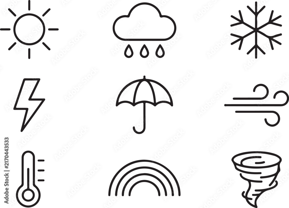 Naklejka premium Minimalist black weather icon set with sun rain snow lightning umbrella wind and tornado