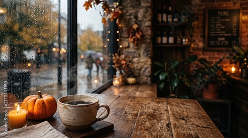 Cozy autumn cafe interior with coffee cup, pumpkin and candle on wooden table by rainy window, warm seasonal atmosphere with blurred city background and relaxing fall lifestyle mood