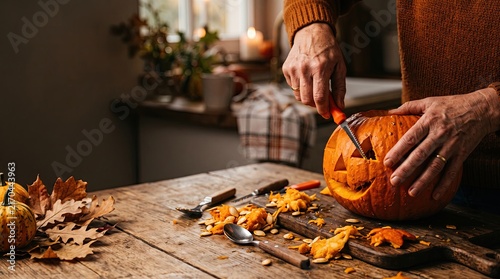 Person carving pumpkin on wooden table at home, autumn preparation, cozy kitchen scene with seasonal decoration and traditional Halloween activity